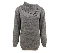 Hina Fashion Pull tricoté à manches longues pour femme avec col polo à 3 boutons, Marl Yarns Pelote de laine Noir, 48-50