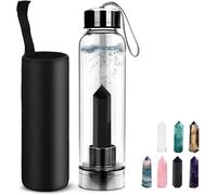 HINATAA Bouteille d'eau en Cristal, 550ML Pierre Precieuse Naturelle Verre Eau Bouteille Amovible, Pierres Thérapeutiques pour Bien-être Naturel Guérison, Anti-fuite (Obsidienne+Bouteille)