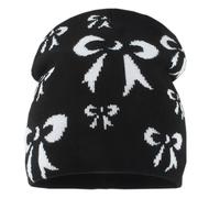 HINAYOSAN Bonnet tricoté sans bord pour femme et homme avec nœud papillon et tête de mort fait à la main au crochet des années 2000 pour filles, noir/blanc, Taille unique