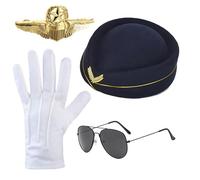 HINAYOSAN Chapeau d'hôtesse de l'air adulte + foulards + lunettes de soleil/gants/broche ensemble carnavals femme pour Halloween photographie chapeaux pour femmes et écharpe