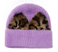HINAYOSAN Chapeau tricoté simple et tendance avec motif léopard - Automne et hiver - Pour femme et fille - Frange pour bébé garçon - Caplet pour bébé fille - Fleur, violet, Taille unique
