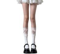 HINAYOSAN Chaussettes japonaises élégantes au-dessus du mollet en dentelle épissées avec nœud en ruban extensible longueur genou pour femme, Chaussettes blanches fanband, Taille unique
