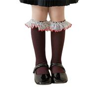 HINAYOSAN Chaussettes montantes en dentelle à volants pour filles de 3 à 13 ans - Jambières respirantes - Bas de mollet tendance pour tout-petits, rouge vin, Taille unique