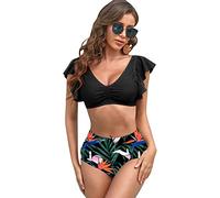 HINAYOSAN Ensembles 2 pièces fendus pour femmes maillot de bain à volants imprimé jambe haute maillot de bain push-up col en V maillots de bain vêtements de plage deux ensembles de maillots de bain