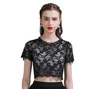 HINAYOSAN Faux col demi-chemise chemisier dentelle florale détachable faux cols élégant col roulé haut col roulé couverture fausse dentelle manches courtes, Noir , L