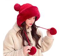 HINAYOSAN Sweet Casual Warm Woolen Hat Bucket Cute Plush Ball Knitted with Pom Pom Knitting Cap Autumn and Winter Woolen Hats for Women for Baby Girl for Men with Ear Flaps for Boys, Rouge, Taille