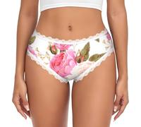 Hingor Culotte hipster à imprimé de fleurs roses pour femme, bordures en dentelle, taille basse, sous-vêtements confortables S-XXL, blanc, XXL