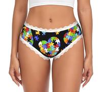 Hingor Culotte hipster pour femmes de sensibilisation à l'autisme avec imprimé cœur, bordures en dentelle, bikini taille basse, sous-vêtements confortables S-XXL, blanc, XXL