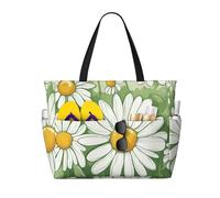 Hingor Sac de plage tendance à rayures colorées à imprimé vertical, sac de plage imperméable pour femme, sac de piscine pliable léger avec fermeture éclair compartiment humide, marguerite, Taille