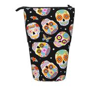 Hingor Trousse à crayons télescopique avec imprimé crânes en sucre et papillons - Trousse à maquillage portable pour l'école, le bureau, les cosmétiques