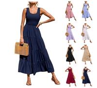 HINGTAT Robe d'été élégante pour femme avec bretelles spaghetti smockées, ligne A, robe d'été fluide et décontractée avec volants à volants pour les vacances et les sorties en plein air, la plage