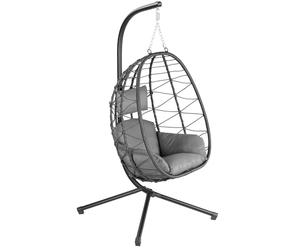HinHocker Fauteuil en osier de rêve suspendu avec armature anthracite, pour l'intérieur et l'extérieur, avec coussin et coussin d’appui