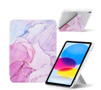 Hinnwer Coque pour iPad (A16) 11ème/10ème Génération (2025/2022) avec Porte Pencil, Marbre, Arrière Transparent, Étui de Protection Fine à Trois Volets (Rose)