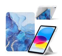 Hinnwer Coque pour iPad (A16) 11ème/10ème Génération (2025/2022) avec Porte Pencil, Marbre, Arrière Transparent, Étui de Protection Fine à Trois Volets (Bleu)