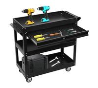 HINOPY Armoire à outils mobile en métal, 3 compartiments, établi avec tiroirs et verrouillable, pour ateliers, garages, entrepôts, chantiers de construction (noir)