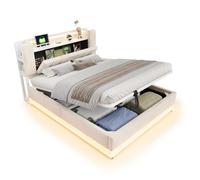hinrey Lit rembourré intelligent 160 x 200 cm avec LED, USB et espace de | Deux surfaces de couchage de différentes tailles pour frères et invités - Le compartiment de rangement garde les ustensiles
