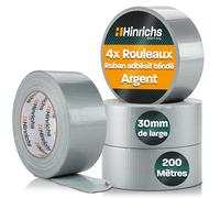 Hinrichs Ruban Adhésif Argenté - Lot de 4 Rouleaux de Gros Scotch 50 m x 50 mm - Scotch Renforcé Ultra Résistant - Duct Tape Imperméable - Ruban Gaffer Argenté pour Intérieur et Extérieur