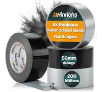 Hinrichs Ruban Adhésif Noir et Argenté - Lot de 4 Rouleaux de Gros Scotch 50 m x 50 mm - Scotch Renforcé Ultra Résistant - Duct Tape Gaffer Étanche pour Réparations et Bricolage Intérieur/Extérieur