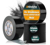Hinrichs Ruban Adhésif Noir - Lot de 4 Rouleaux de Gros Scotch Noir 50mx50mm Scotch Renforcé Ultra Résistant - Duct Tape Étanche - Ruban Gaffer pour Peinture et Réparations Intérieures et Extérieures