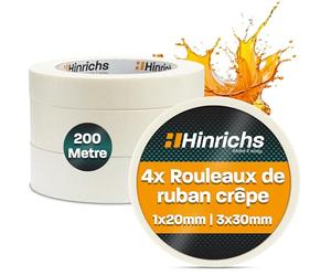 Hinrichs Scotch Peintre 4x - Ruban Masquage 3 Rouleaux 50m x 30mm + 1 Rouleau 50m x 20mm - Scotch Masquage pour Travaux de Peinture et de Vernissage - Ruban de Masquage pour Travaux de Peinture