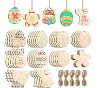 Hinsly Lot de 50 décorations de Pâques en bois à suspendre, décoration de Pâques, bricolage pour enfants, décoration de Pâques