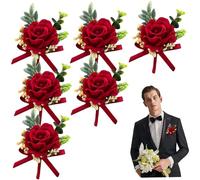 Hintyne Lot de 6 Boutons de Roses Rouges pour Homme Exquis boutonnière Romantique avec épingle 5x3,5 Pouces Fleurs artificielles décoratives pour Mariage Bal Anniversaire fête