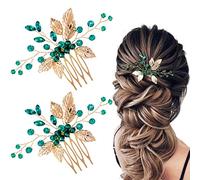 HINZIC Lot de 2 peignes à cheveux de mariée, épingles à cheveux en cristal vert émeraude turquoise, feuilles dorées, accessoires pour femmes et filles, fête, mariée, bal, fiançailles