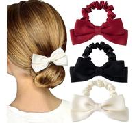 HINZIC Lot de 3 chouchous en soie avec nœud pour queue de cheval, mariage, bal, fiançailles, Halloween, Noël - Noir, rouge, blanc