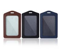 HINZIC Lot de 3 porte-badges verticaux en cuir véritable avec fenêtre transparente double face - Étanche - Pour le personnel de bureau, les étudiants, les employés
