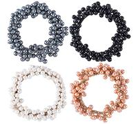 HINZIC Lot de 4 chouchous élastiques à cheveux avec perles sans dommages, champagne, noir, gris, blanc, perles pour queue de cheval, cadeau de Saint-Valentin, accessoires pour cheveux pour femmes et