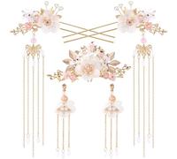 HINZIC Lot de 5 épingles à cheveux en forme de fleur en soie, strass et perles - Accessoire de cheveux pour femme et fille - Style rétro - Fleur chinoise Hanfu