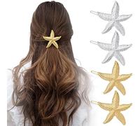 HINZIC Lot de 6 pinces à cheveux en forme d'étoile de mer, étoile de mer, queue de cheval, sirène dorée et argentée, à paillettes, accessoires de cheveux pour femmes et filles, mariage, anniversaire,