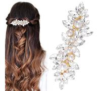 HINZIC Pince à cheveux argentée avec strass étincelants et perles dorées pour mariage, bal de fin d'année, accessoires de cheveux décoratifs pour femme, cheveux longs et épais