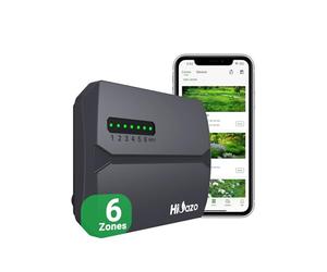 HiOazo Programmateur d'Arrosage WiFi 6 Zones, Contrôleur d'Irrigation Intelligent avec Détection Météo, Économie d'Eau par Calcul du Volume, Arrosage Automatique & Manuel pour Pelouse, Jardin, Potager
