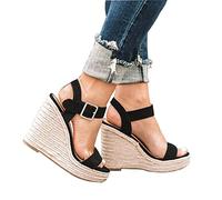 HIONRE Sandales Espadrilles À Plateforme avec Bride À la Cheville,Sandales en Corde de Chanvre de Paille, Sandales à Plateforme compensée, Noir, 36,Femmes D'été Wedge Sandales à Plateforme