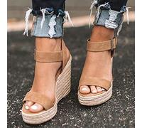 HIONRE Sandals à Plateforme Flat Heel,Sandales en Corde de Chanvre de Paille, Sandales compensées à Plateforme, Marron, 36,Chaussure Mode Sandale Espadrille lanière