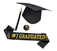 HIOPOIUYT Ensemble complet d'accessoires de remise de diplôme avec écharpe et médaillons réglables pour célébrations universitaires 2025 avec chapeau noir avec écharpe