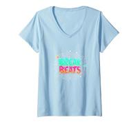 Hip Hop Break Beats Retro Graffiti Style Musique Art T-Shirt avec Col en V, Femme, Bleu Céleste, XXL