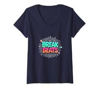 Hip Hop Break Beats Retro Graffiti Style Musique Art T-Shirt avec Col en V, Femme, Bleu Marine, XL