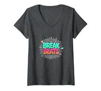 Hip Hop Break Beats Retro Graffiti Style Musique Art T-Shirt avec Col en V, Femme, Chiné Foncé, L