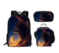 Hip Hop Jeune Animal Loup 3D Impression 3 pieces/ensemble etudiant Sacs de voyage Ordinateur portable Sac à dos Sac à dejeuner Trousse Noir