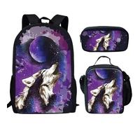 Hip Hop Jeune Loup de Lune Loup de Lune Impression 3D 3 pieces/ensemble Sacs de voyage pour etudiants Sac à dos pour ordinateur portable Sac à dos Sac à dejeuner Trousse à crayons Noir