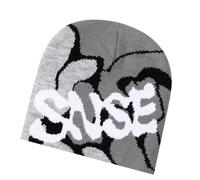 Hiphop Bonnet tricoté avec motif de lettre, couvre-chefs d'hiver chauds et tendance pour les jeunes styles automne/hiver, gris, Taille unique