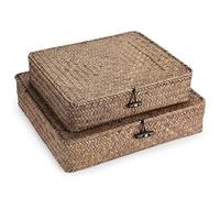 Hipiwe Lot de 2 bacs de rangement plats en osier tissé avec couvercle en jonc de mer naturel multi-usages pour étagère (café)