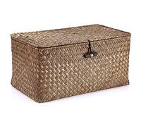 Hipiwe Paniers d'étagère en osier avec couvercle, panier en jonc de mer tissé à la main, paniers de rangement rectangulaires pour étagère, armoire, organiseur de maison, café, taille M