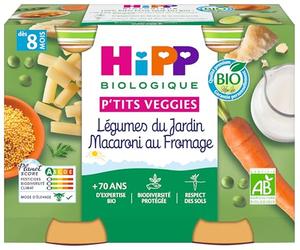 HiPP - P'tits Veggies - Légumes du Jardin Macaroni au Fromage - Pots - 2x190 g - BIOLOGIQUE