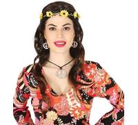 Hippie 60s ensemble de bijoux boucles d'oreilles collier rétro vintage style boho pour le carnaval déclaration colorée signe de paix festival chic accessoire d'été, couleur : argent