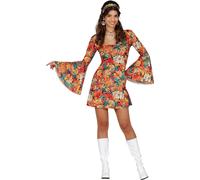 Hippie 70s bandeau fleuri robe carnaval tenue rétro signe de paix accessoire costume carnaval mode florale colorée manches flare, taille : 36 - 38 (S) Couleur : Multicolore
