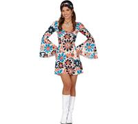 Hippie 70s fleurs robe swing bandeau Carnaval Mardi Gras Rétro Fleurs Vintage Coloré Disco Fête Mode Flowerpower Costume Manches Vagues Peacelook, Taille : 42 - 44 (L) Couleur : Multicolore