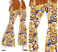 Hippie 70S pantalon à pattes d'éléphant Carnaval Rétro Look Motifs colorés Tenues de fête Style vintage Flower Power Disco Festival Tendance mode, Taille : 42 - 44 (L) Couleur : Multicolore